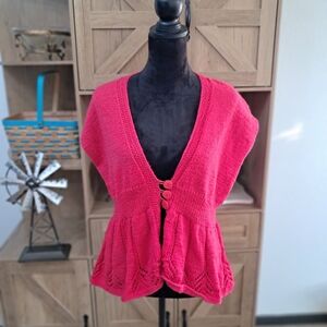 Knit Cardigan Sweater Vibrant Pink Button Closure Boxy Cap Sleeve Eyelets
